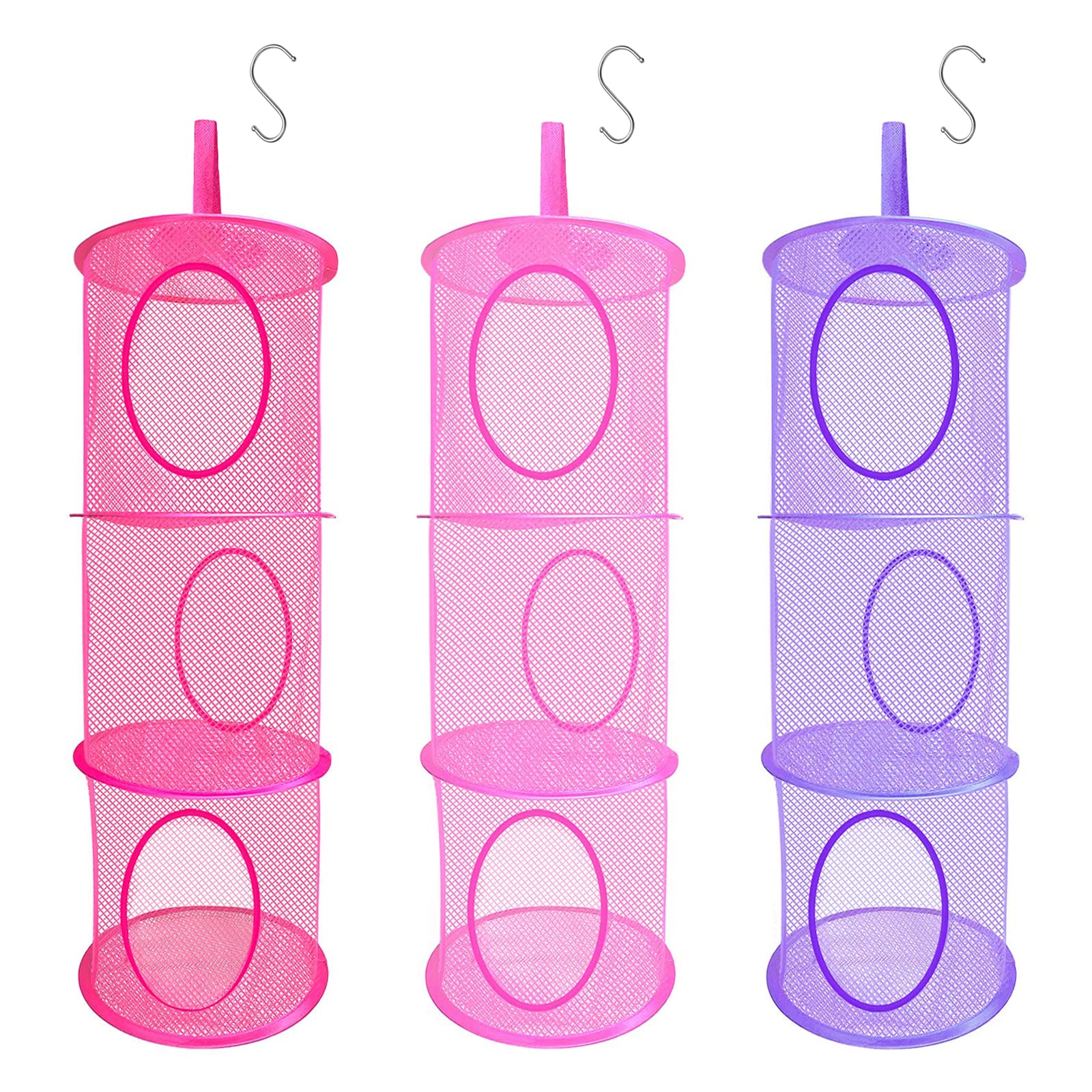 LIVEHITOP 3PC Toys Storage Hanging Mesh Basket Chest, Soft Teddy Hammock Collapsible Net 3 Tier Space Save Organizer Gifts for Children Cuddly Bedroom Tidy (Pink, Rose, Purple)