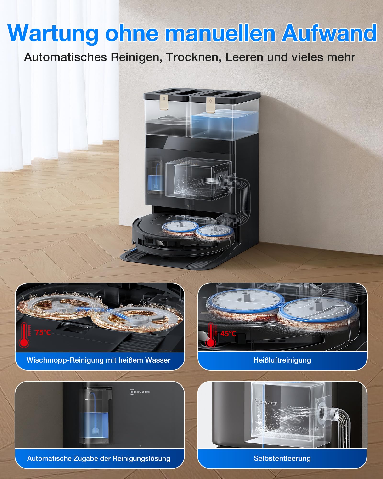 ECOVACS DEEBOT T50 PRO Omni Gen3 Saugroboter mit Wischfunktion, 25.000 Pa, AIVI 3D 3.0, autom. Zugabe v. Reinigungslösung, Reinigung des Mopps bei 75°C, Heißlufttrocknung, 81 mm, Glanzschwarz 5