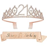 21st Birthday Tiara and Sash Set Gifts for Women Girl Birthday Princess Tiara Rose Gold Queen Crown Headband Sash Headdresses Crowns Decorations for Her Party Supplies