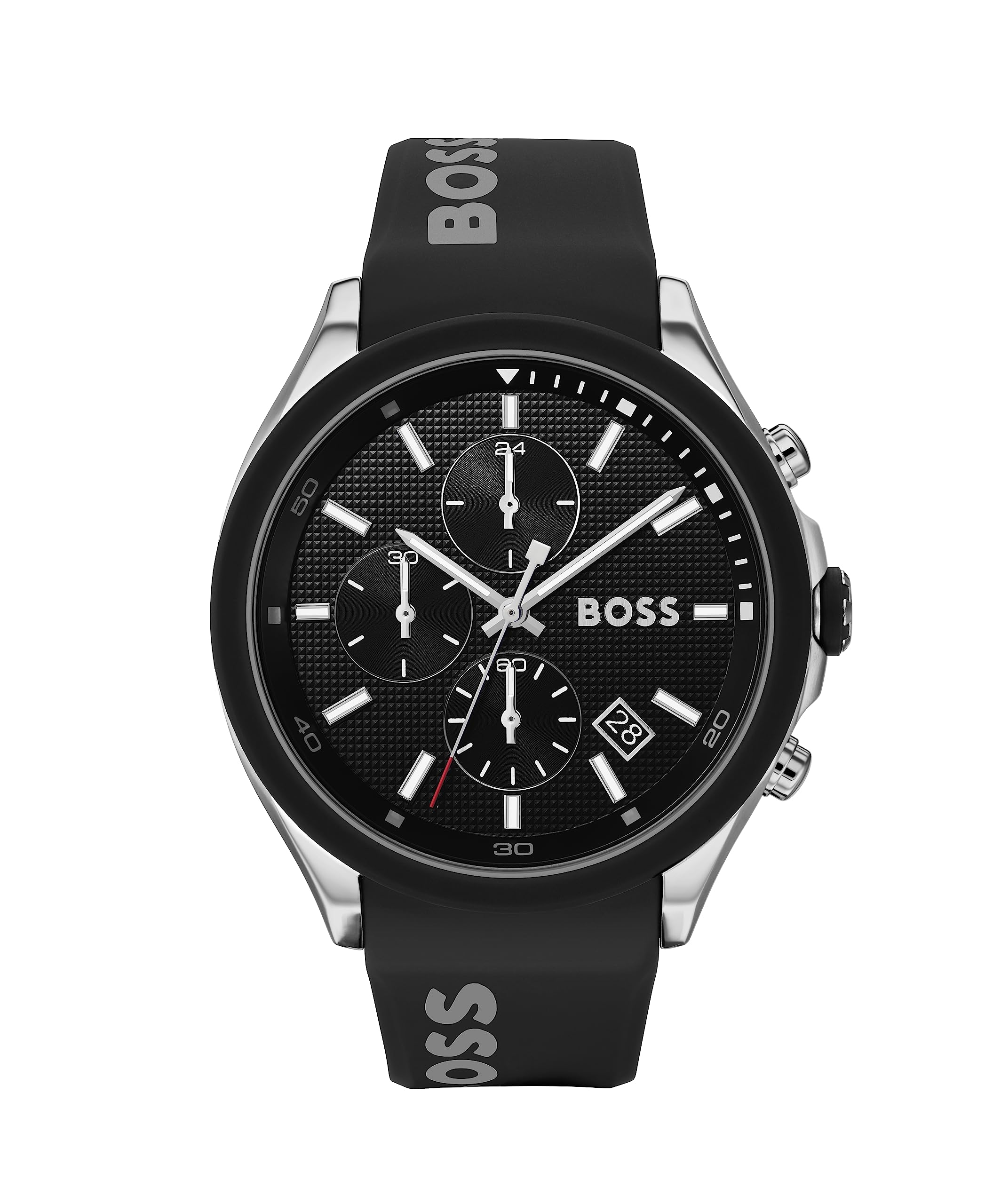 BOSS Men's 44m Chronograph Quartz Watch Velocity Collection with Black Textured Dial, Black Silicone Strap, Date Function, 3 Sub-Dials, 5ATM Water Resistance - 1513716