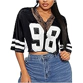 SOLY HUX Women's Number Graphic Tees Lace V Neck Half Sleeve Crop Tops Jersey Shirt Y2k Streetwear