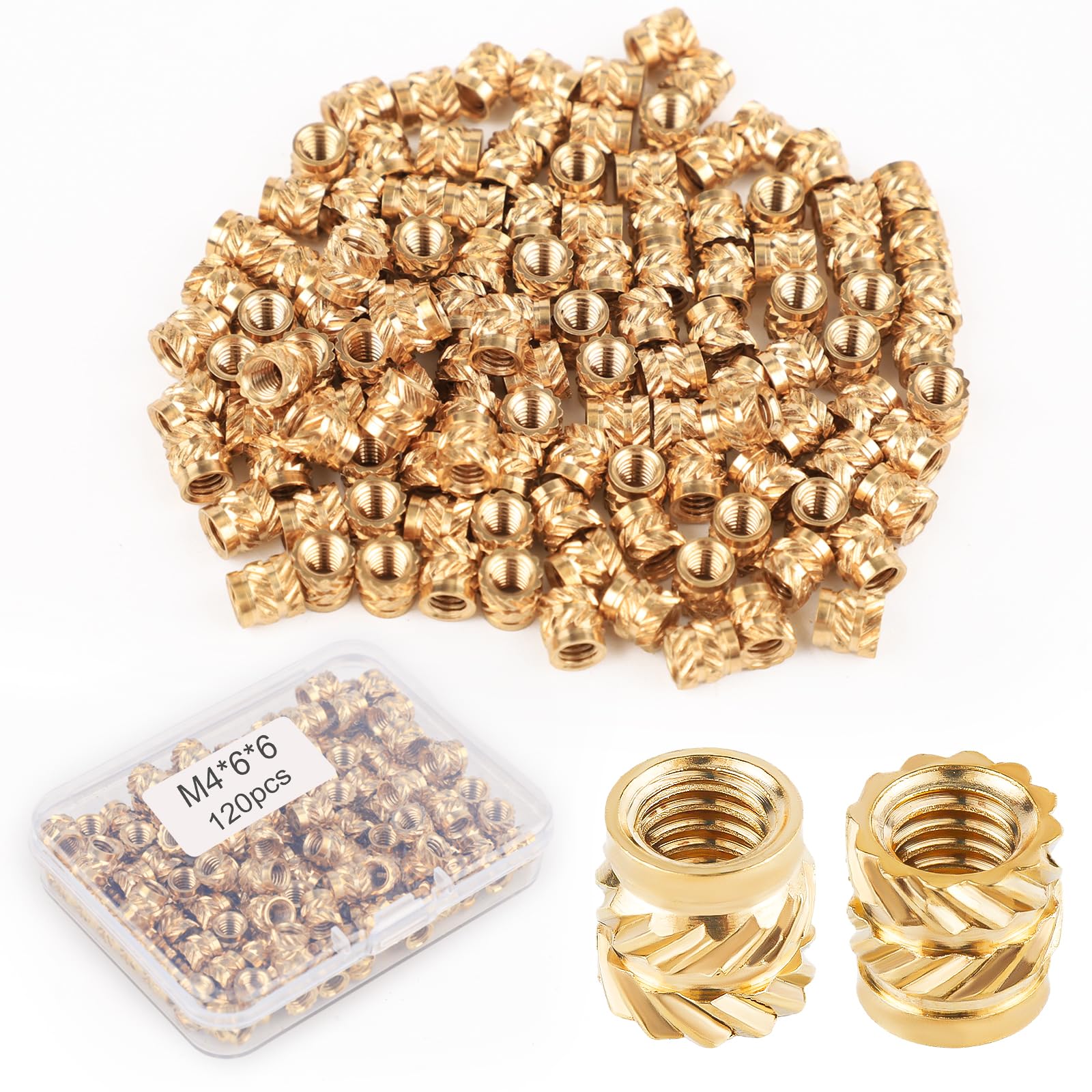 120pcs 3D Printing Brass Nuts, M4x6x6mm Threaded Heat Set Inserts Knurled Brass Nuts Heat Embedment Nut for 3D Printing Parts Loptop Automotive Plastic Shell