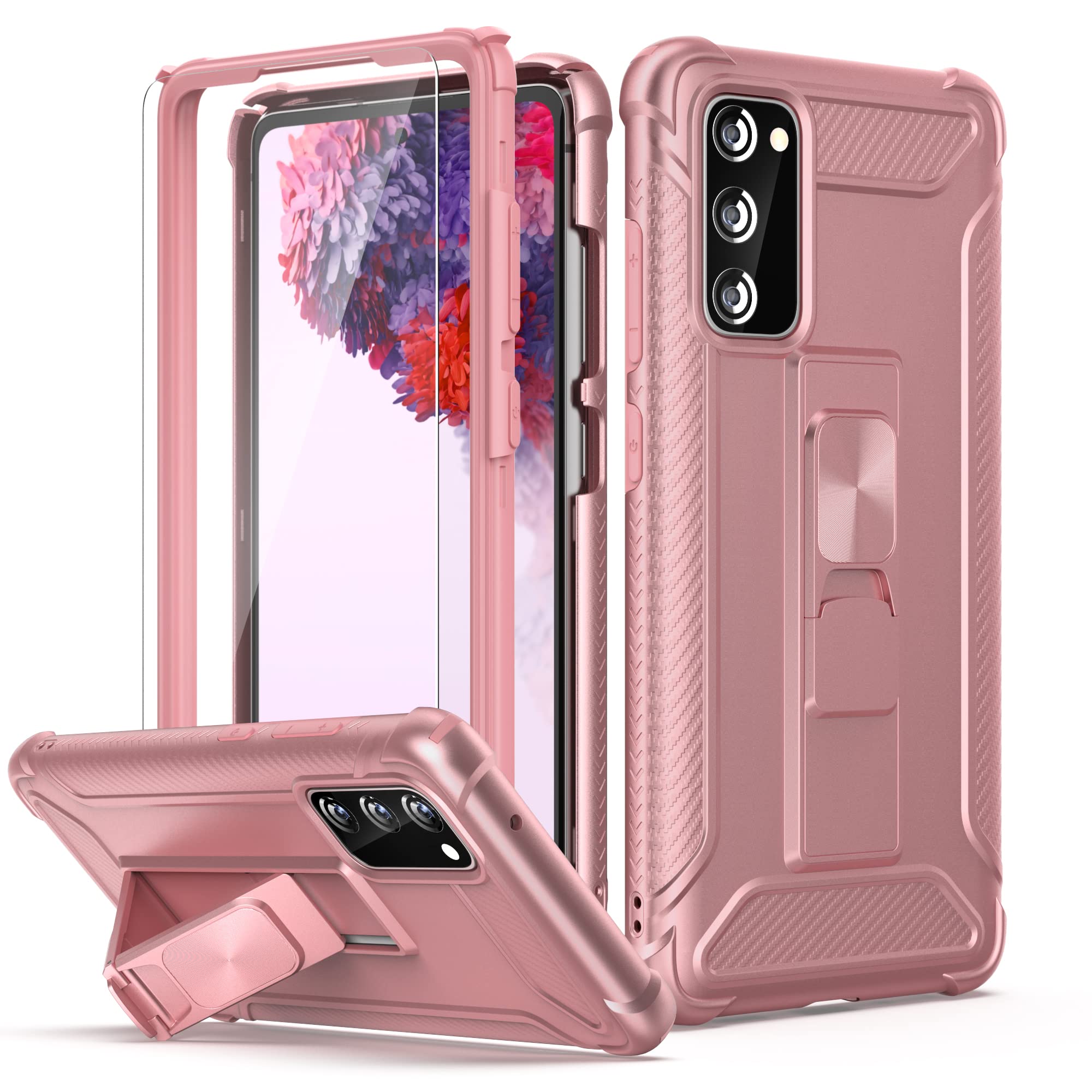 ORETech for Samsung Galaxy S20 FE Case with Kickstand,[2xTempered Glass Screen Protector]FullBody Anti Silp Heavy Duty Shockproof Hard PC Soft Bumper Protection Cover for Samsung S20 FE 4G/5G-Rosegold
