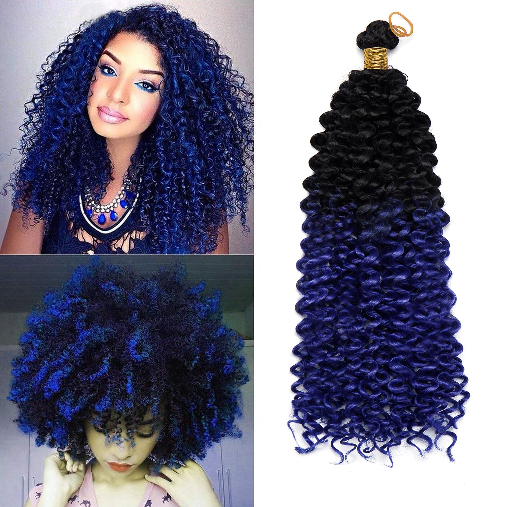 14 Inch Marlybob Crochet Hair Water Wave - Black to Dark Blue Curly Braids Ombre Braiding Hairpiece Synthetic Hair Extensions