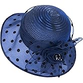 Lady Polka dots Organza Fascinator Sun Hats Women Kentucky Wide Brim Derby Bowler Hat for Tea Party Church Wedding Size:S-M