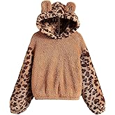 WDIRARA Girl's Leopard Long Sleeve Fuzzy Flannel Hoodie Warm Pullover Sweatshirt