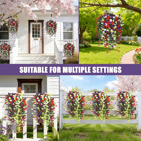 INQCMY ARTIFICIAL FLOWERS FOR OUTDOOR SPRING SUMMER DECORATION FAUX SILK MORNING GLORY FAKE HANGING FLOWERS UV RESISTANT LOOK REAL FOR HOME PORCH (10PCS PURPLE&RED&WHITE&YELLOW+1 BASKE)