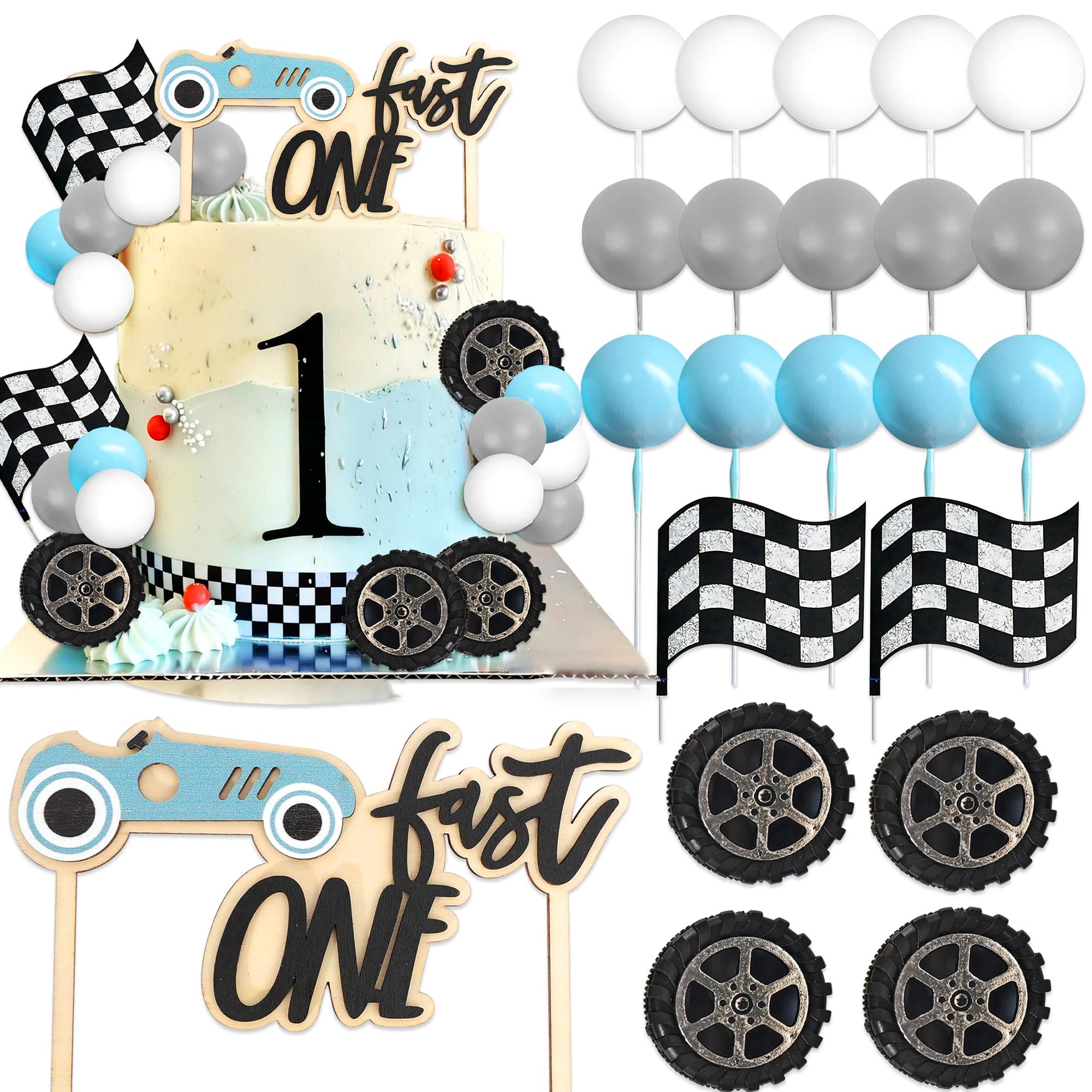 Race Car First Cake Decorations Car Cake Topper Checkered Flag Decor Fast One Birthday Decorations