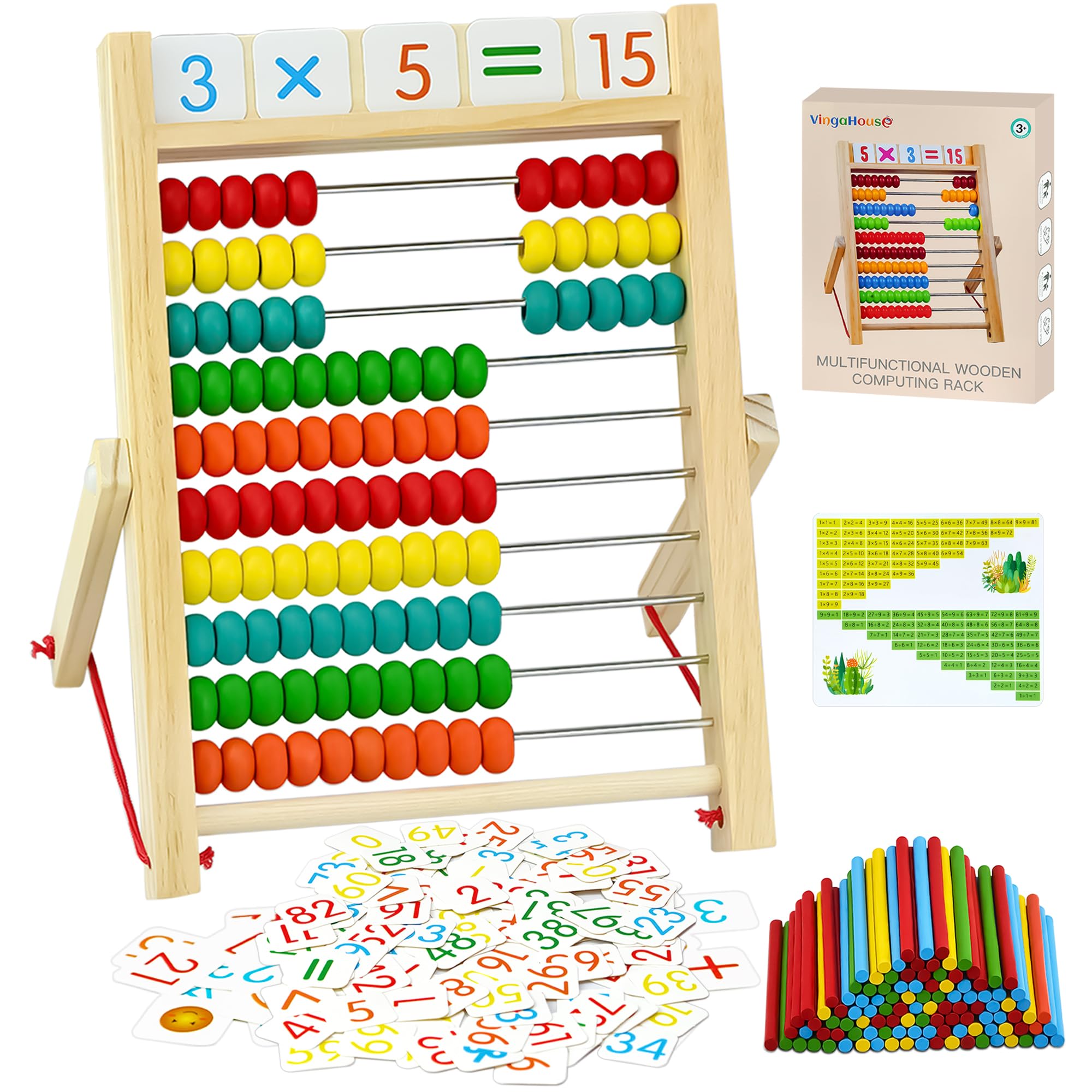VingaHouse Wooden abacus for kids, toddler counting montessori toys, 10 colorful beads, 80 cards+100 counting rods, suitable as learning toy gifts for children