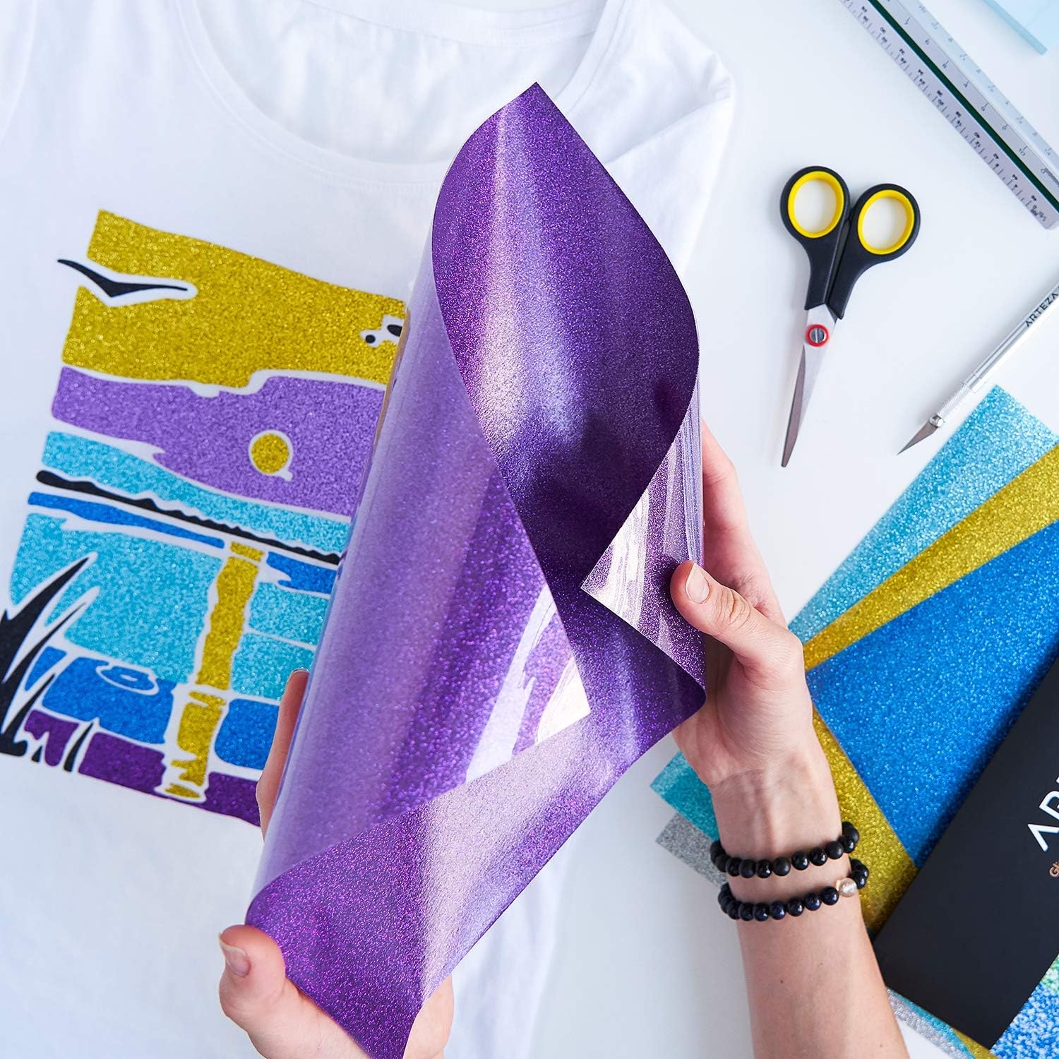 Arteza Glitter Heat Transfer Vinyl, 16 Iron On Vinyl Sheets, 10x12 Inches, Assorted Colors, Flexible & Easy to Weed, Use wolors, Flexible & Easy to Weed, Use with Any Craft Cutting Machine, Boxed: Industrial & Scientific