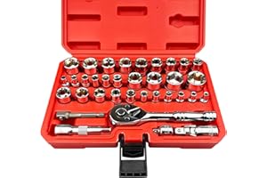 EACELIY 35pcs 1/4"&3/8” Drive Impact Socket Set,Drive Master Socket Set,SAE/Metric with 3/8" Drive Head Ratchet,Drill Adapter,Extension bar,6 Point,CR-V Steel，Mirror Chrome