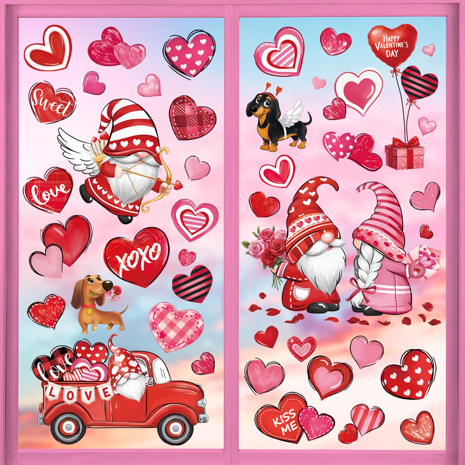 decalmile Valentines Day Double Sided Window Clings Valentine Red Gnomes Heart Window Decals Anti-Collision Glass Window Doors Window Stickers
