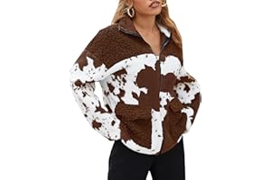 EARKOHA Womens 2025 Winter Coat Cow Print Fashion Zip Up Faux Fur Sherpa Jacket Warm Fleece Oversized Outwear with Pockets