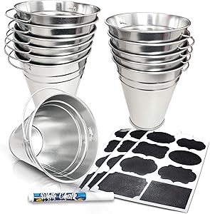 ArtCreativity Large Galvanized Metal Buckets Set, Includes 12 Rustic Pails with Handles, 24 Chalkboard Labels and 1 Liquid Chalk Marker, 5 Inch Galvanized Buckets for Party Favors, Wedding Decorations