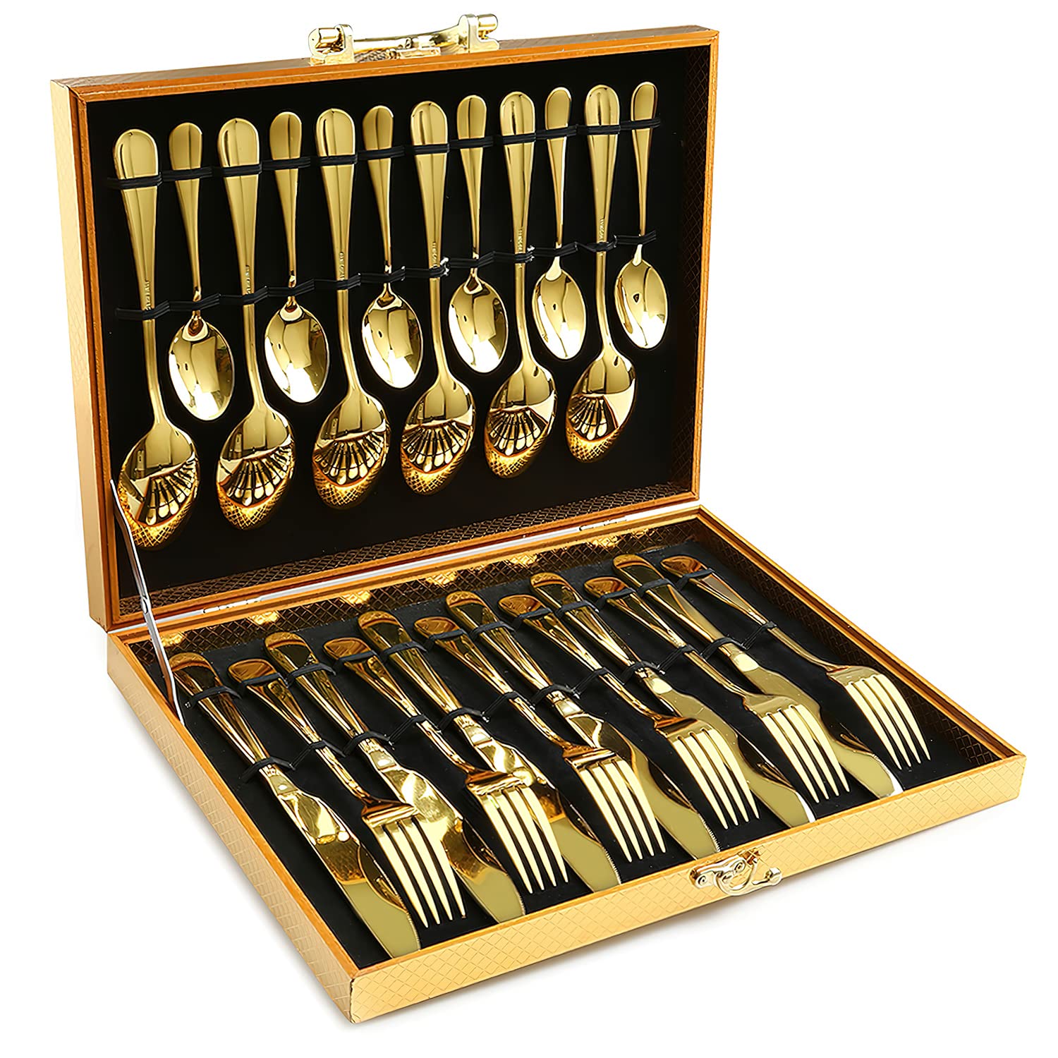 Gold Cutlery Set, OGORI 24-Piece Mirror Polished Gold Unique Wooden Box Design for Gift, Stainless Steel Flatware Set, Silverware Set with Spoon Knife and Fork Set, Service for 6