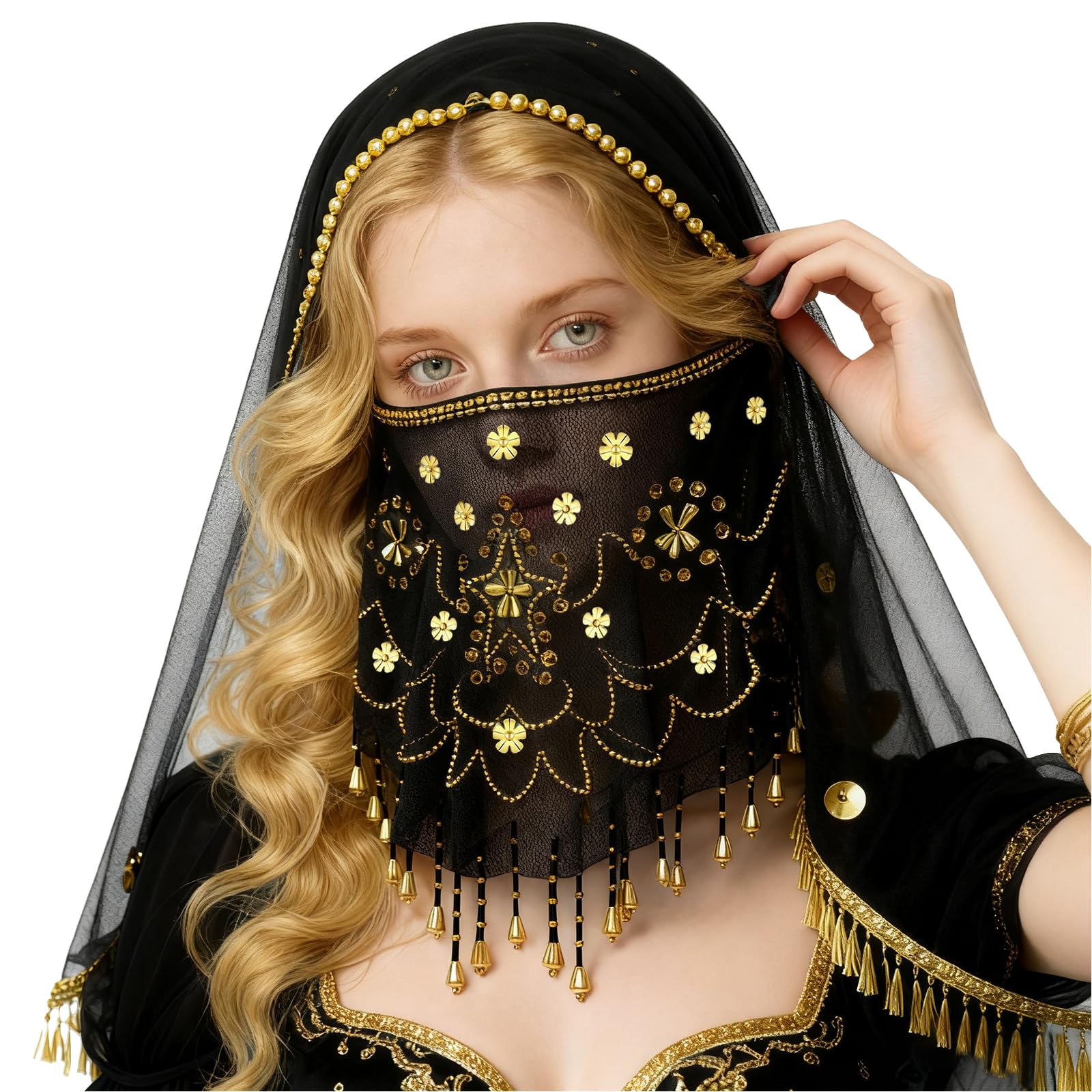 Baisdan Belly Dance Face Veil with Beads Sequins Cosplay Halloween Carnival Costume Accessory