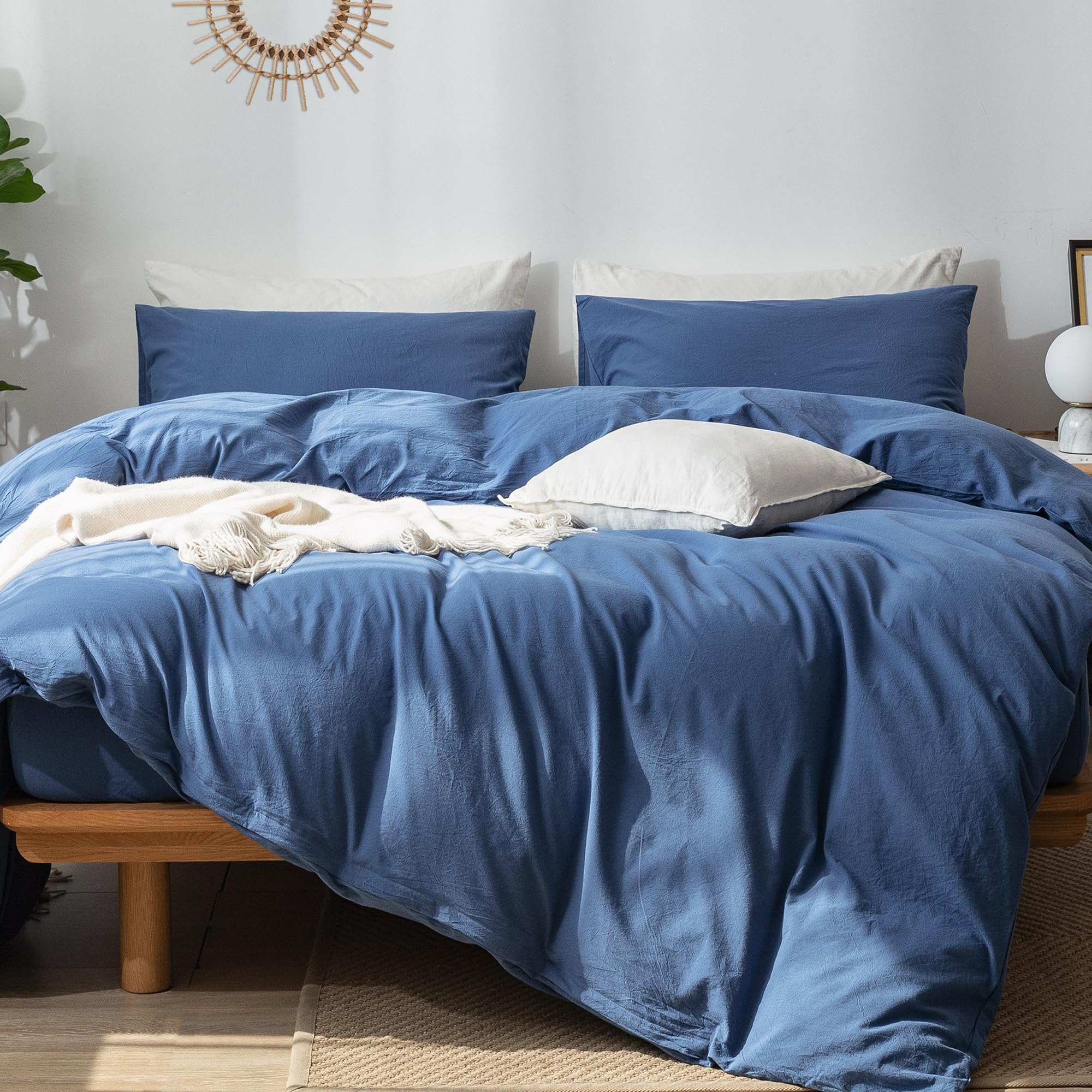 MooMee Bedding Duvet Cover Set 100% Washed Cotton Linen Like Textured Breathable Durable Soft Comfy (Navy Blue, Solid King 104"x90")