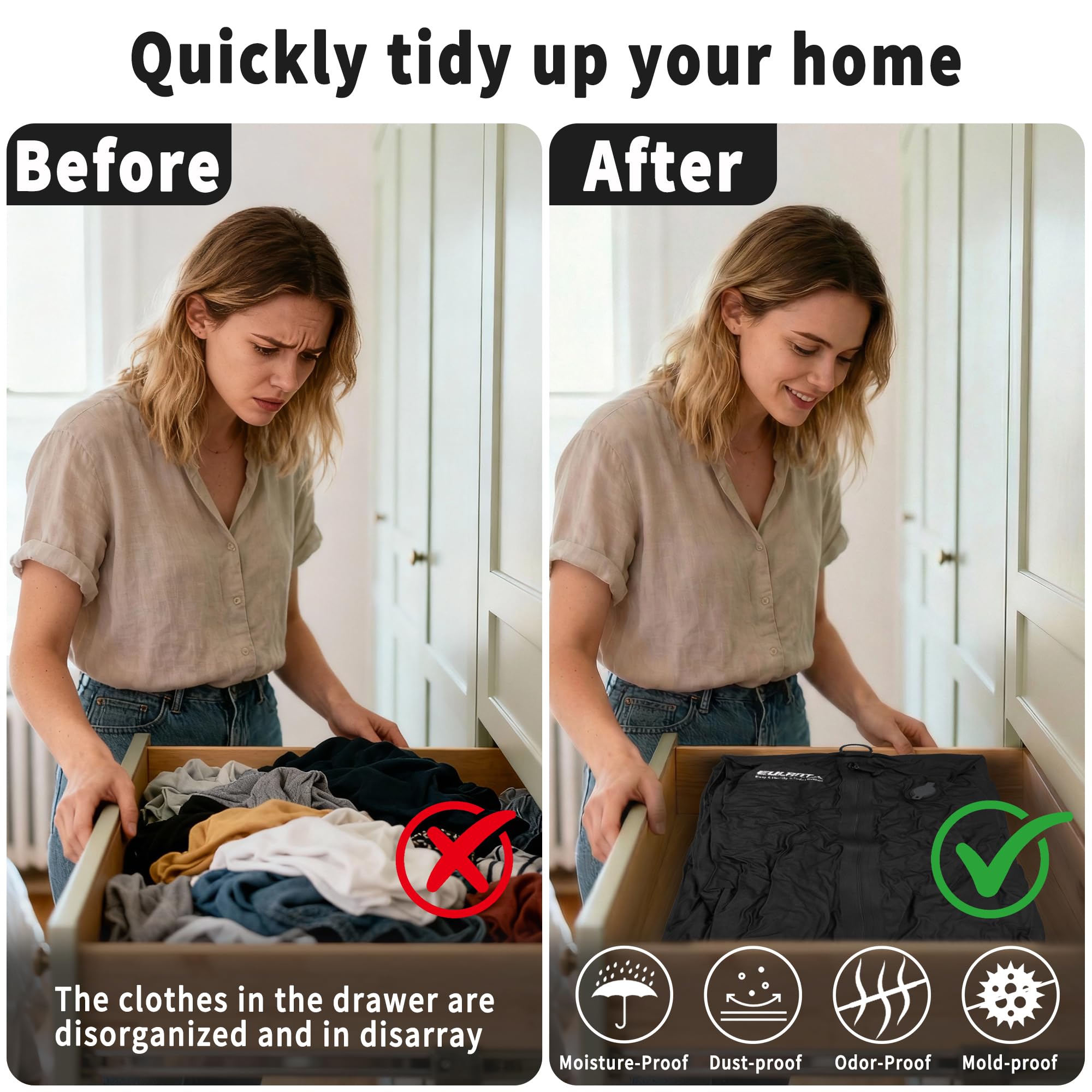 EULANT Wasserdicht Vakuumbeutel für Reisen mit Pumpe, Wiederverwendbare Kompressionsbeutel für Koffer/Gepäck/Rucksack, Vakuumversiegelungsbeutel mit IPX8 Luftdichtem Reißverschluss, Schwarz*2 8