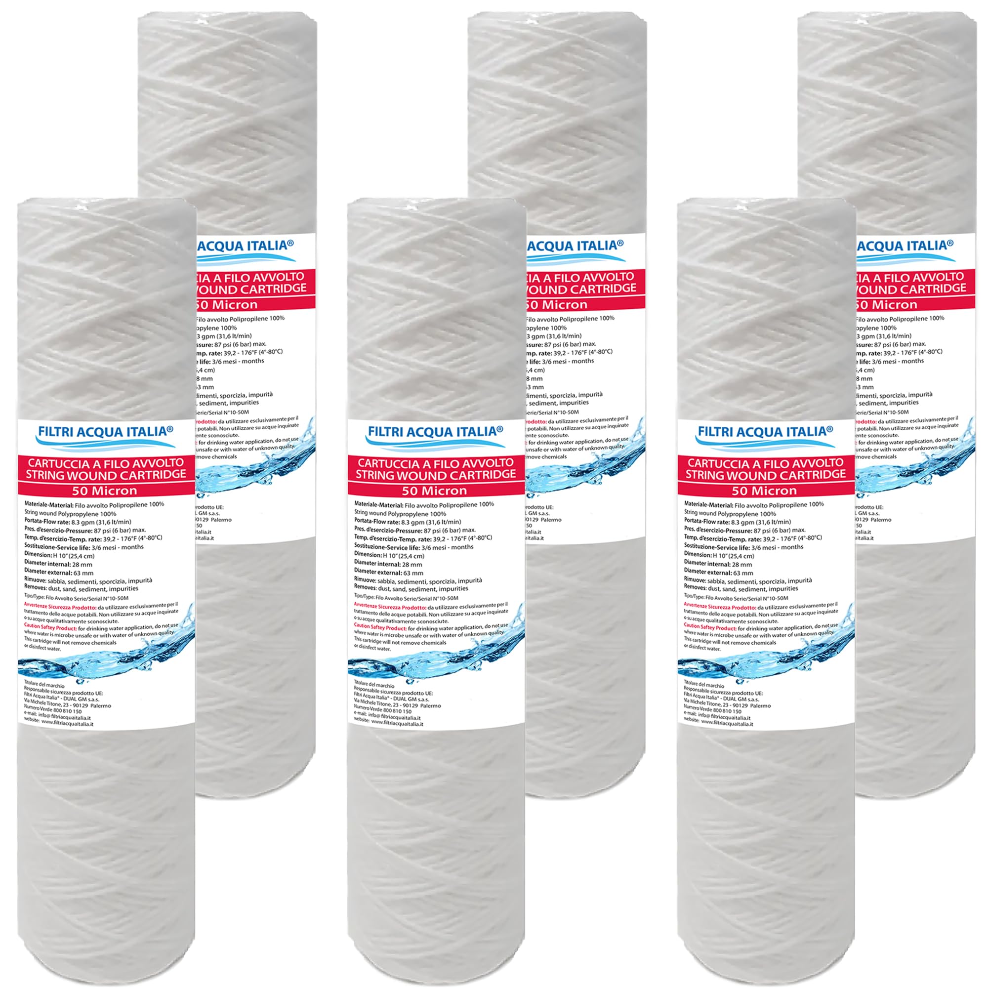 FILTRIACQUAITALIA 8054134630321 Filter Cartridges Wire Wrapped 10" 50 Micron, Set of 6, Polypropylene