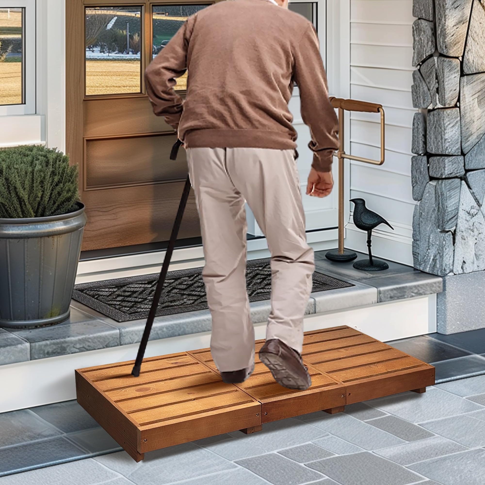 Photo 1 of Outdoor Steps 3.5'' Height, Wooden Step Platform 35” Length, Step Stool with Non Slip Pads, Wooden Platform, Step for Outside, Wooden Platform for Bathroom, Kitchen, Bed(Oak)