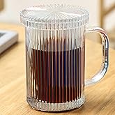 Lysenn Iridescent Glass Coffee Mug - Classic Vertical Stripes Tea Mug - Elegant Coffee Cup with Glass Lid for Latte, Espresso - Lovely Gift for Christmas, Anniversary and Birthday - 11 oz