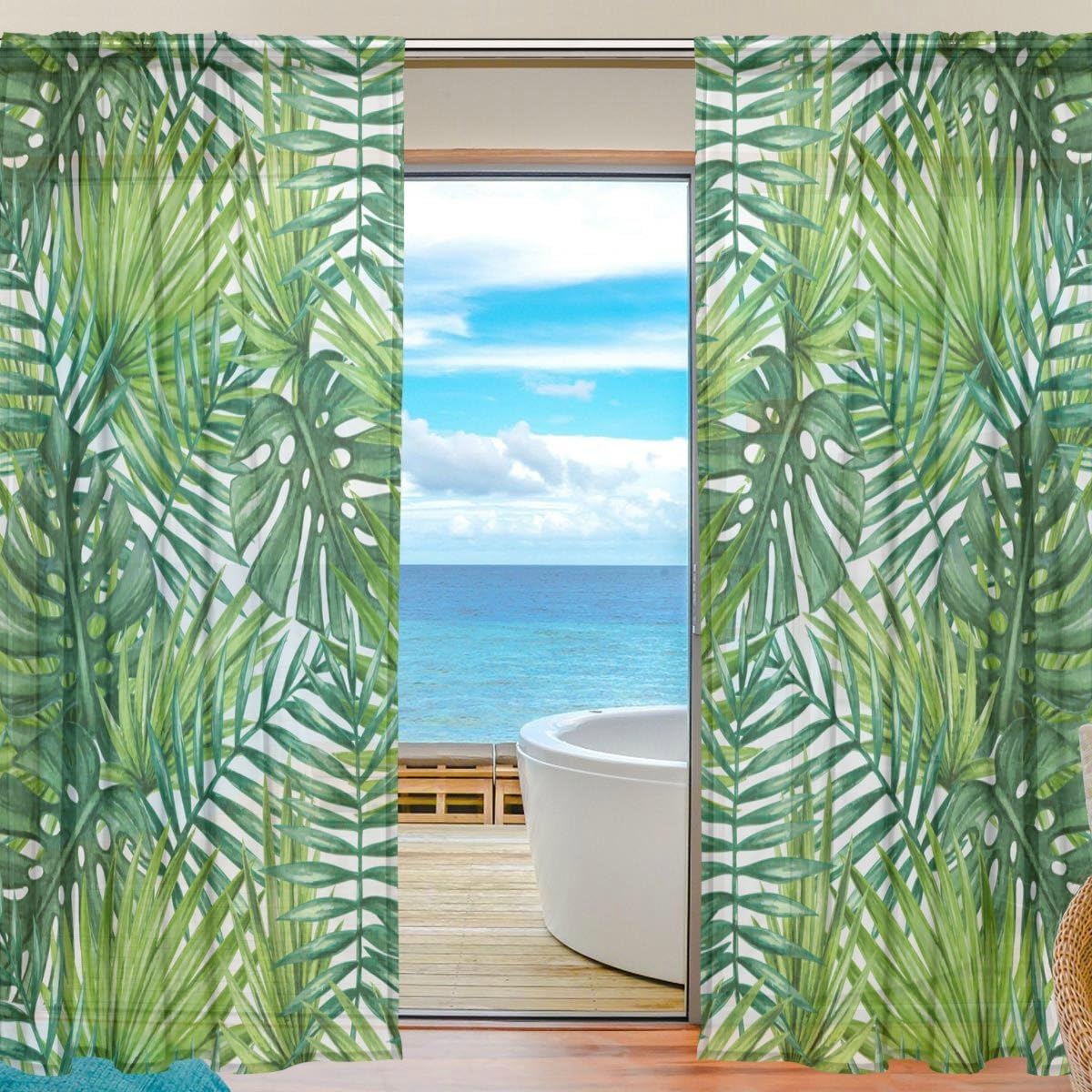 Amazon Com Wozo Watercolor Palm Leaf Window Sheer Curtain Panels