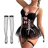Foxiny Sexy Stocking Corset Babydoll Mesh Sheer Lace Up Ruffle Underwire Garter Lingerie with Thong Set 3 Piece