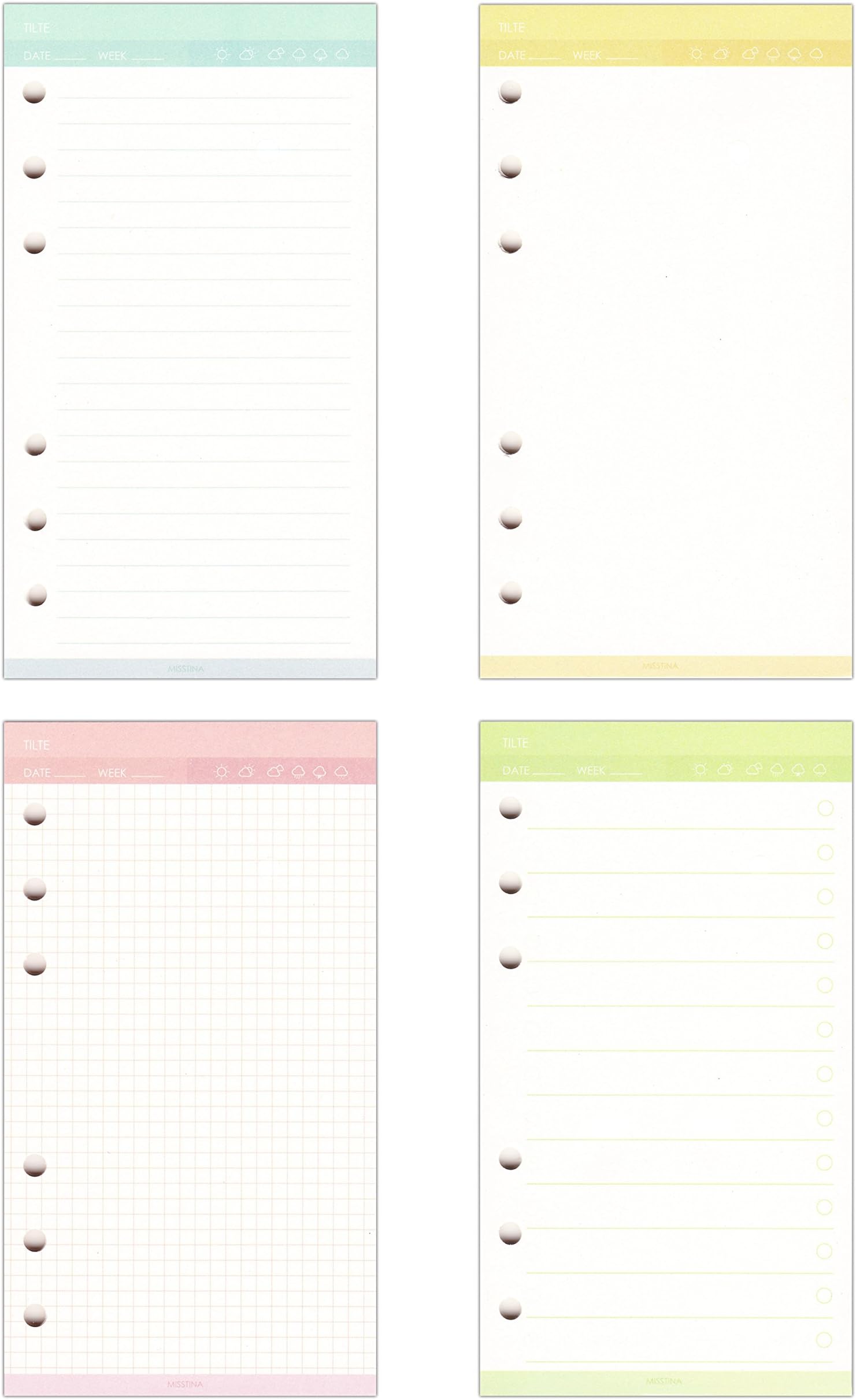6 Holes Planner Refills, Filler Paper, Match for A6 6-Holes Ring Binders/Planners Notebook/School Stationery, 80 Sheets/Set (A6, Ruled ToDo Plain Grid per 20 Sheets)