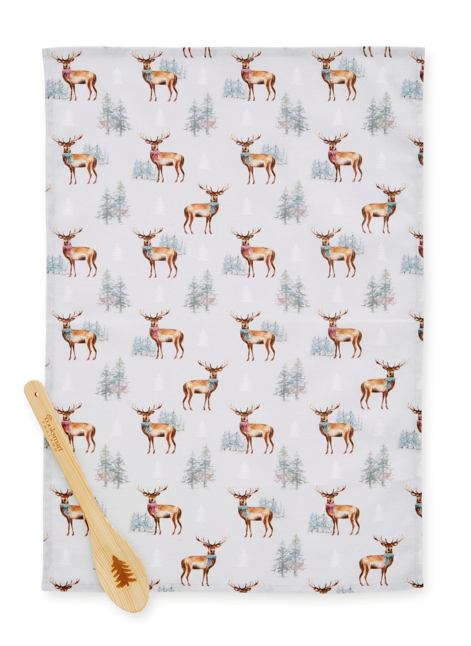 Cooksmart Tea Towel & Wooden Spoon Sets Christmas Stag Tea Towel & Spoon Set For Kitchen | Lovely Kitchen Accessories For Home & Restaurent | Ideal Kitchen Towel For Everyday Use