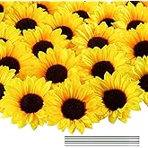 Coferset 40pcs Fake Sunflower Heads with Stems, 4" Sunflower Artificial Silk Flower Heads for Party Baby Shower Wedding Making Handicrafts Home Decor(Yellow)