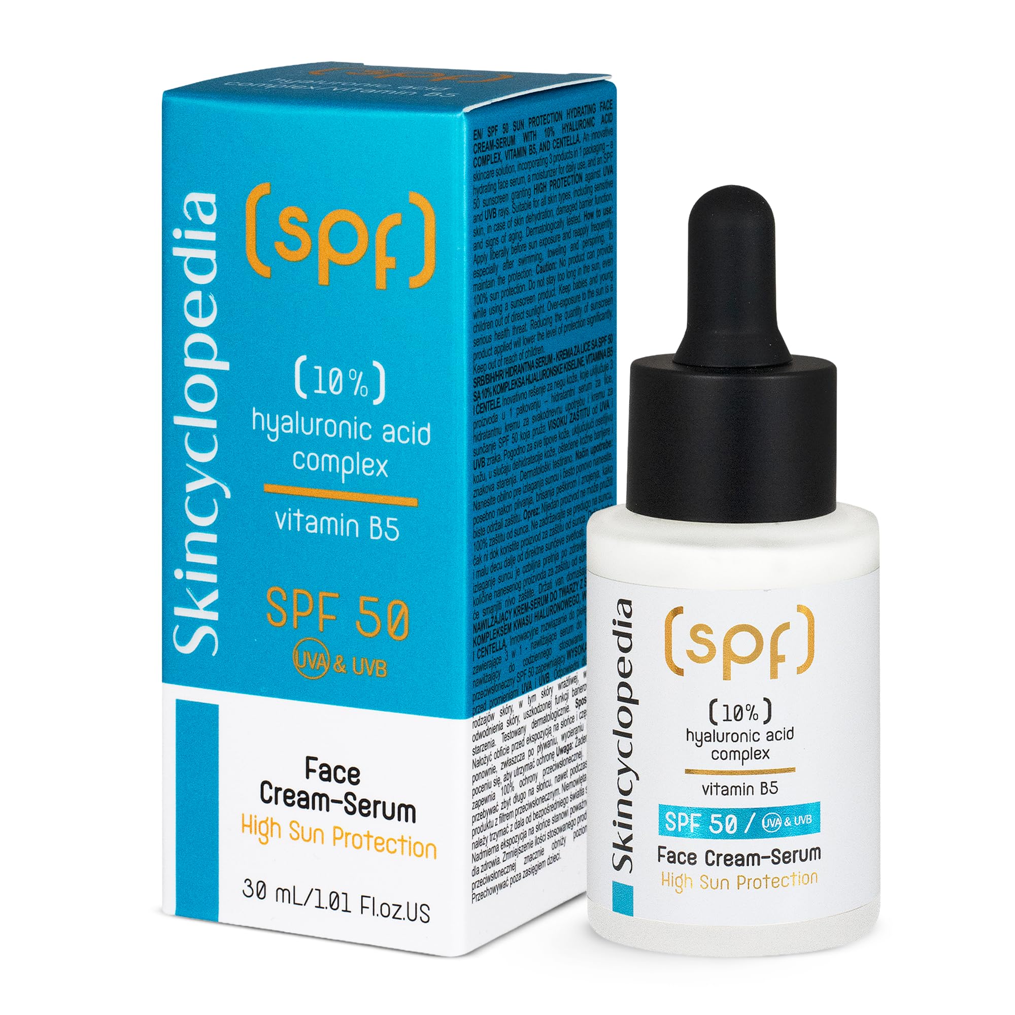 Skincyclopedia SPF 50 Face Moisturiser Sunscreen with 10% Hyaluronic Acid Complex – Ground-breaking SPF 50 Sun Cream Serum for Very High UV Protection and Concentrated Hydration, 30ml