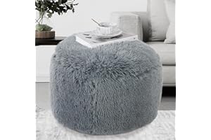 ROYALAY Round Stuffed Pouf Ottoman, Long Plush Faux Fur Pouf with Supportive Filling, Fluffy & Furry Couch Foot Stool Storage Ottoman for Living Room, Bedroom and Kids Room, Floor Pouf Foot Rest