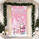 Pink Christmas Door Cover Merry Christmas Decoration Snowman Santa Claus Door Hanging Banner Xmas Holiday Backdrop for Snowflake Winter Home Front Birthday Party Indoor Outdoor Decor