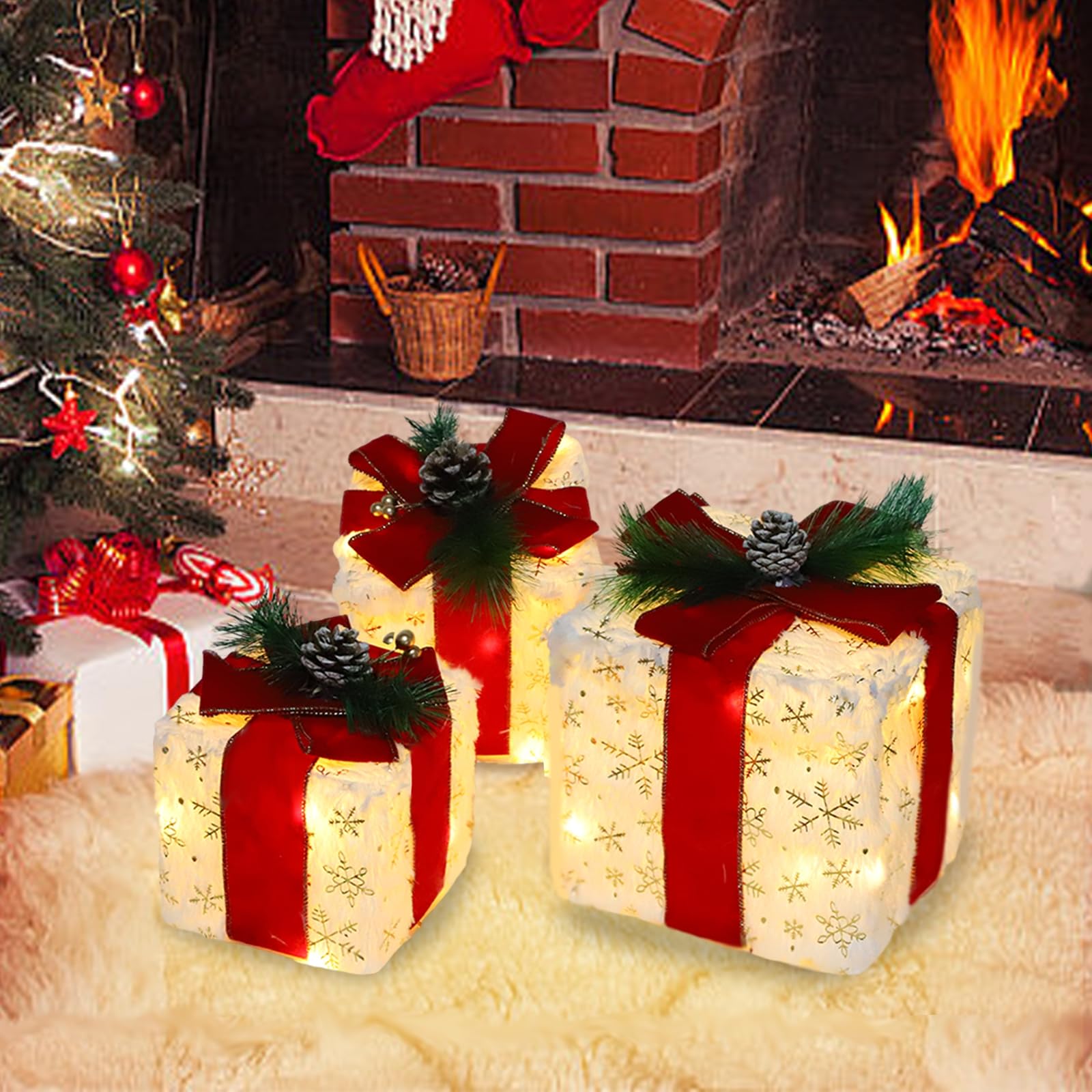 Photo 1 of MorTime Christmas Lighted Boxes with Bows, Set of 3 Plush Gift Boxes with Gold Snowflake Pinecone Berry, Present Boxes with 60 LEDs for Christmas Decorations