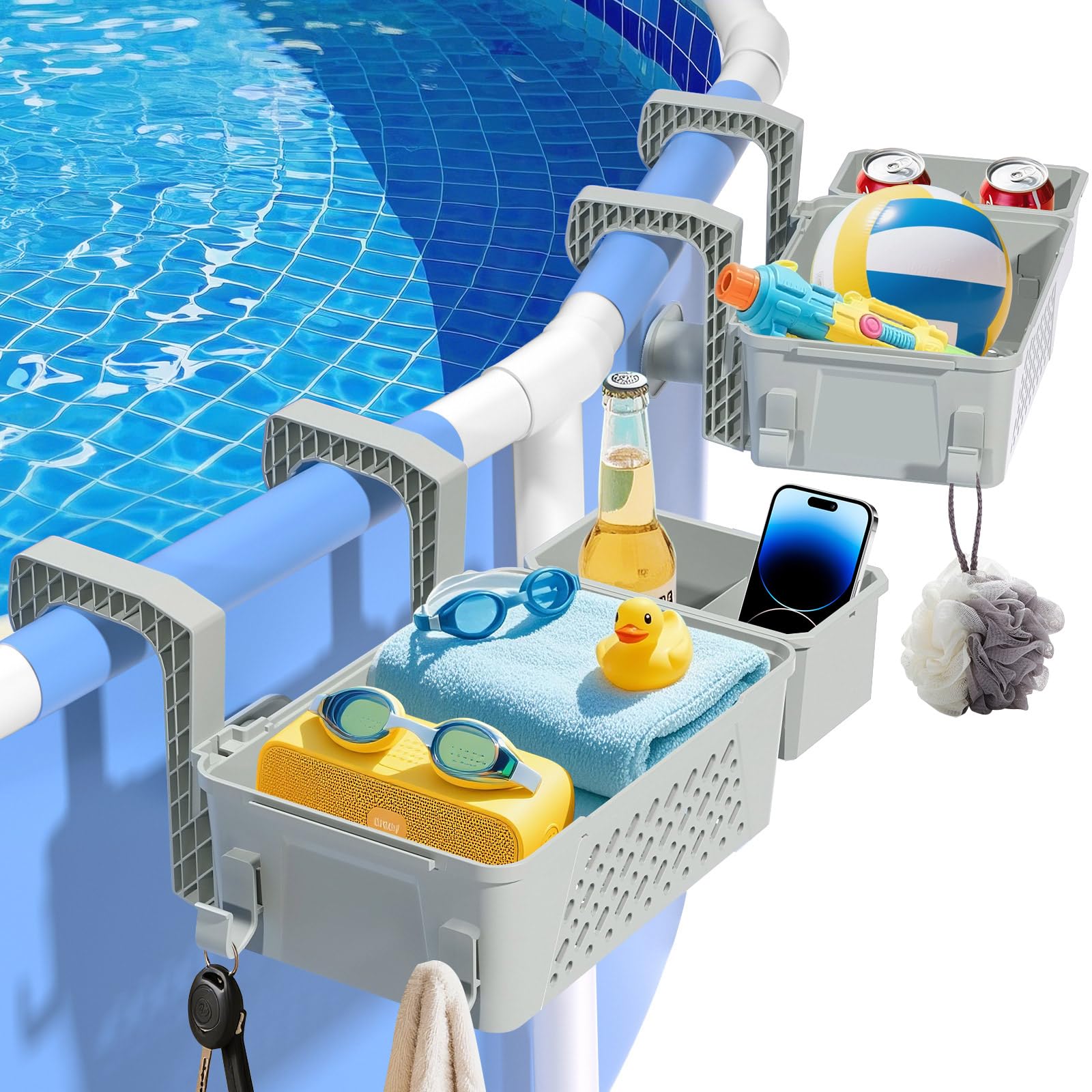 Photo 1 of ?2025 Upgrade?2-Pack Poolside Storage Basket with Cup Holder, Above Ground Pool Accessories, 3-in-1 Swimming Pool Hanging Storage Baskets to Organize Cups & Towels, Fits 3 Inch or Less Top Rail(Grey)