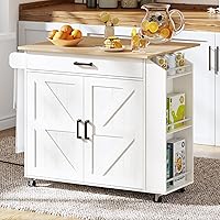 HOOBRO Kitchen Island with Drop Leaf Countertop & Power Outlet, Rolling Island Cart on Wheels, Kitchen Cart with Drawer & Spi