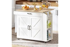 HOOBRO Kitchen Island with Drop Leaf Countertop & Power Outlet, Rolling Island Cart on Wheels, Kitchen Cart with Drawer & Spi