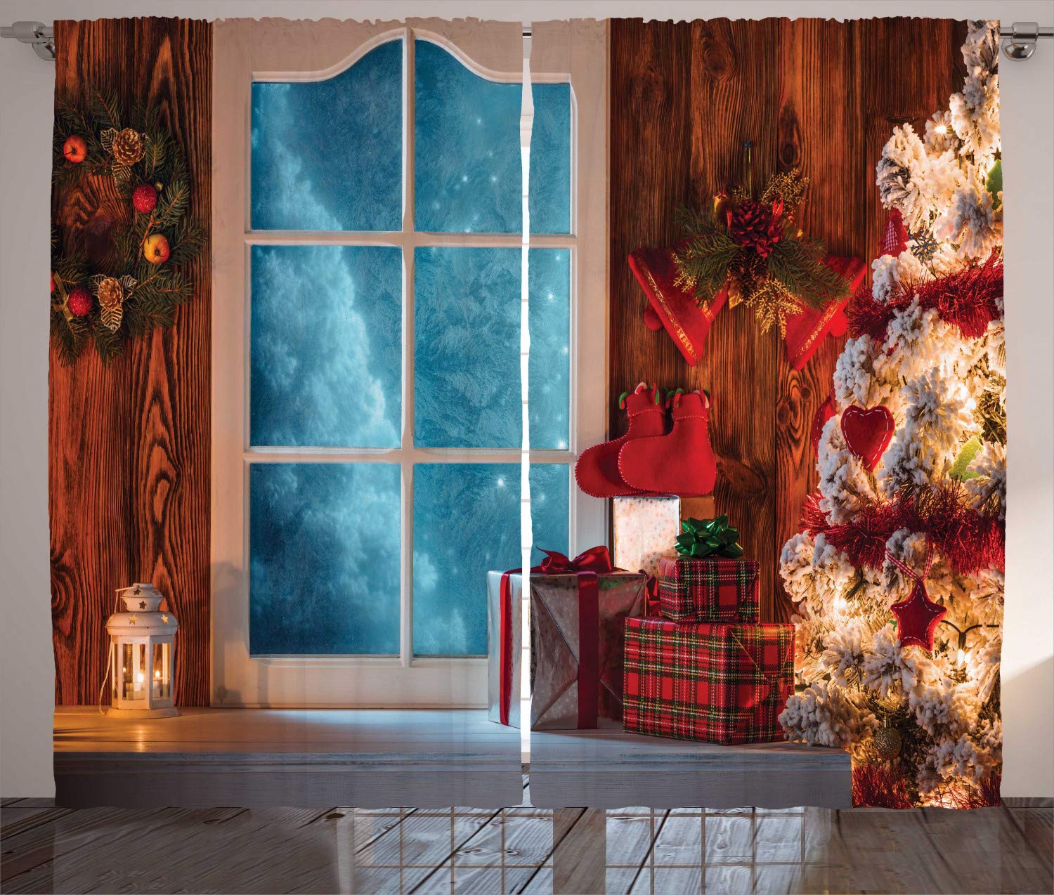 ABAKUHAUS Christmas Curtains, Xmas Scenery in House with Frozen Window Traditional Annual Design, Living Room Bedroom Window Drapes 2 Panel Set, 280 x 225 cm, Blue Red — image 1