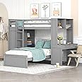 Harper & Bright Designs Twin Over Twin Bunk Bed with Desk, Storage, Solid Wood Bunk Bed with Shelves and Wardrobe, Twin Size Loft Bed with a Stand-Alone Bed for Kids Teens Adults - Gray