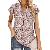 VALOLIA Women's Chiffon Blouse Ruffle V Neck Short Sleeve Summer Shirt Tops