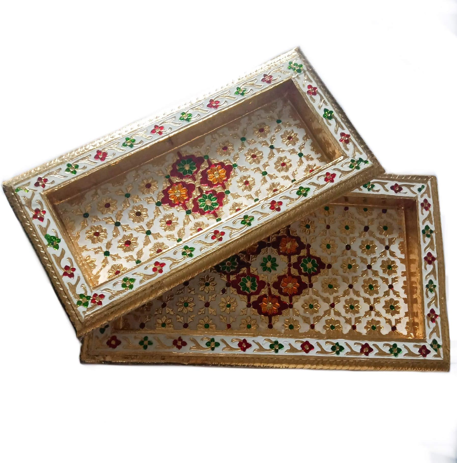 Hindoro Wooden Rectangular Hand Crafted Decorative Serving Tray, 2 Pcs, White Gold