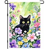 IVN Black Cat Spring Garden Flag 12x18 Inch Watercolor Black Kitty Flower Wildflower Meadow Floral Garden Double Sided Vertical Small Yard Flag Seasonal Outdoor Decoration for Outside Home Front Door Lawn Porch Patio Welcome Spring Summer Cat Lover Decor