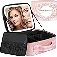 MAYFIY Makeup Bag with LED Mirror and Travel Makeup Train Case Cosmetic Organiser with 2X3X Magnifying Mirror and Separate Makeup Brush Panel, Portable Adjustable Divider Storage Bag, Pink