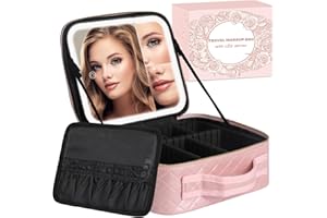 MAYFIY Makeup Bag with LED Lighted Mirror| Portable Makeup Organizer Train Case with 2X/3X Magnification & 3 Color Lights for Precision, Adjustable Brightness| Elegant Gift Packaging, Gift for Women, Pink