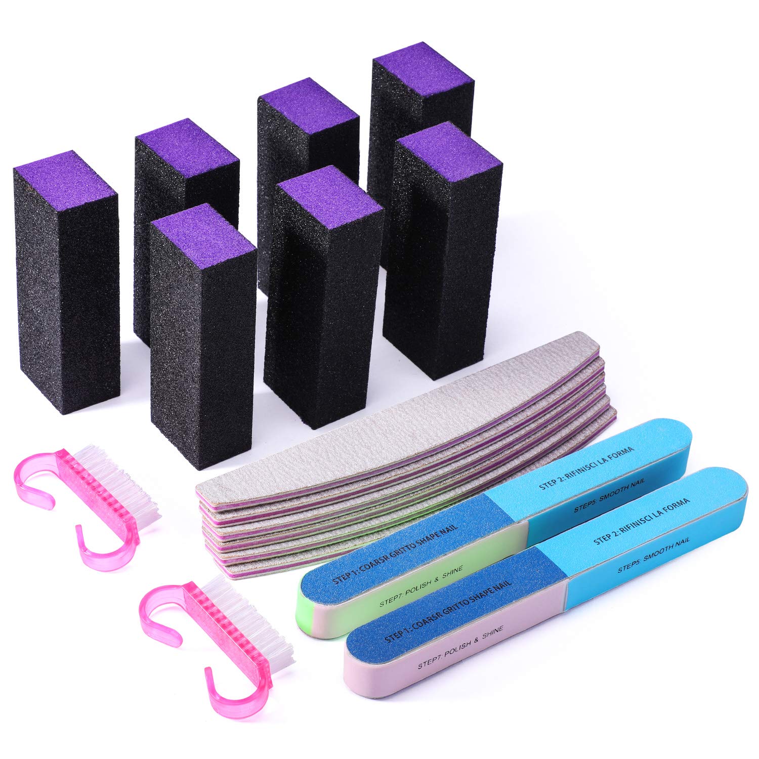 Professional Nail Files and Buffers Kit, TWING 100/180 Grit Emery Boards for Nails, 4 Sides 120 Grit Nail Buffer Blocks, 7 Way Nail File Block with Finger Nail Brush for Salon Nail Art (17 PCS) : Beauty