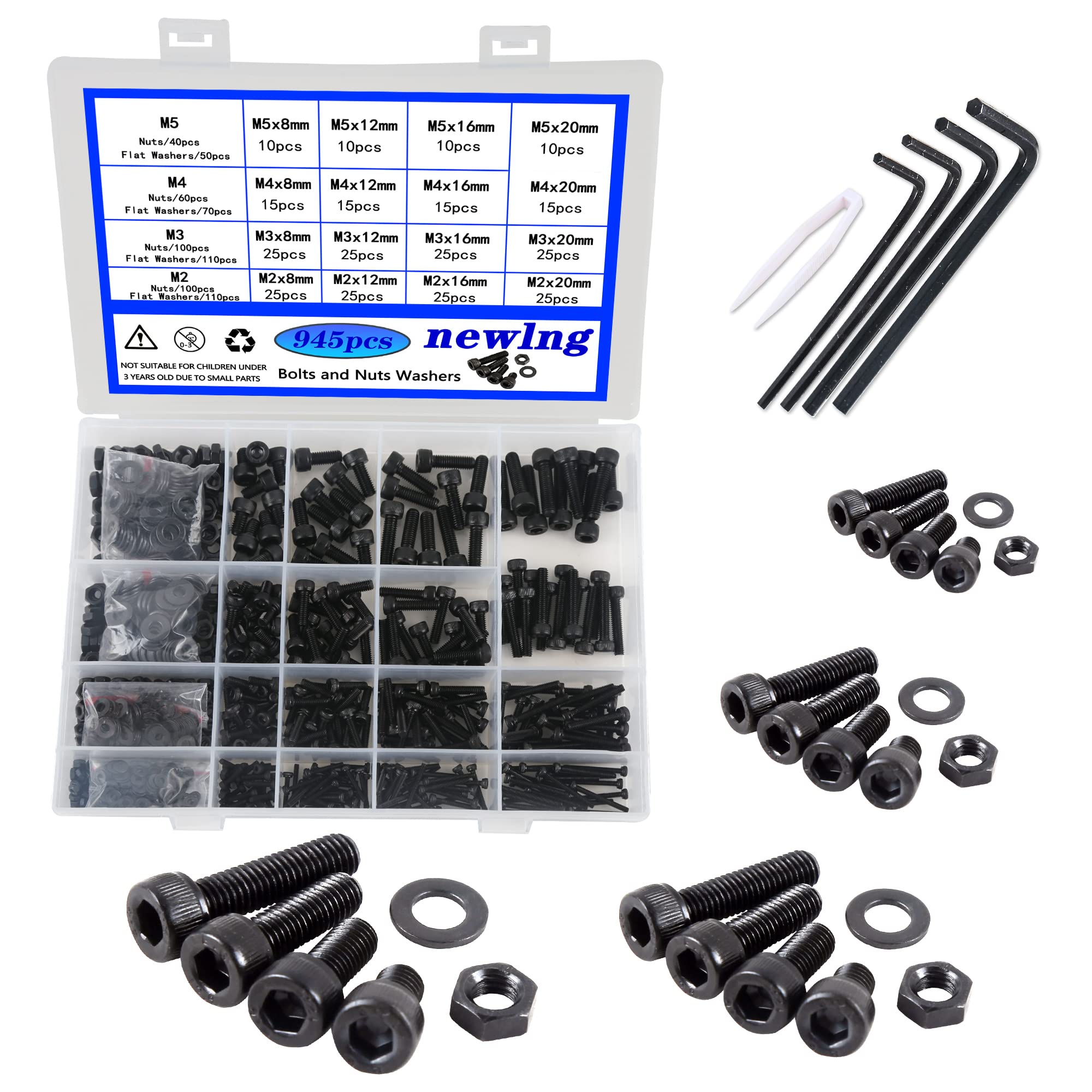 newlng M2 M3 M4 M5 Screws Set Carbon Steel Black Screws and Nuts Washers set Black Hexagon Socket with Wrench Assorted Screws — image 1