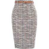 Kate Kasin Women's Tweed Pencil Skirt Knee Length High Waisted Skirts with Slit Elegant Skirts with Belt