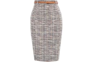 Kate Kasin Women's Tweed Pencil Skirt Knee Length High Waisted Skirts with Slit Elegant Skirts with Belt