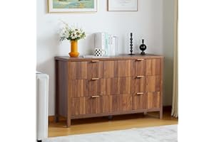 XUZENEST Fluted 6 Drawer Double Dresser for Bedroom, 47" Wide Modern Closet Dressers Chest of Drawers, Wood Storage Dresser Organizer for Nursery Bedroom Living Room Hallway Closet, Walnut