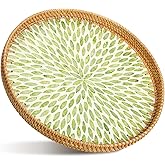 Tiangrid 16 inch Round Rattan Tray with Mother of Pearl Inlay Wicker Serving Tray with Wooden Base Boho Decorative Wicker Basket for Table Decor Bathroom Candle Perfume (Green Leaf)